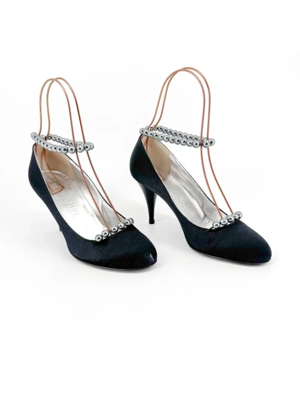 Chanel Pearl Ankle Strap Pumps Heels Black Satin Size 38 US 7–7.5 Women Anklet - Picture 1 of 15